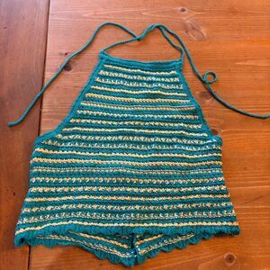 Urban Outfitters womens Millie crochet striped halter crop top teal M